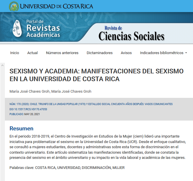 Publicación del artículo «SEXISMO Y ACADEMIA: MANIFESTACIONES DEL SEXISMO EN LA UNIVERSIDAD DE COSTA RICA», de María José Chaves Groh