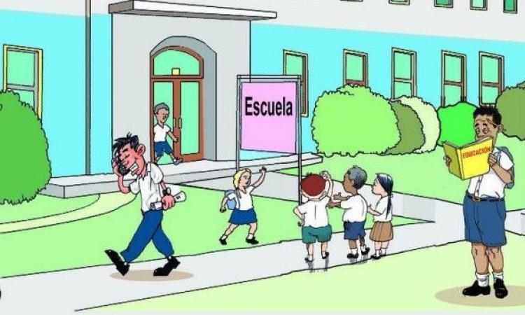 Imagen de una escuela y estudiantes